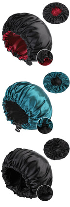 Adjustable Double Layer Satin Bonnet Nightcap Doubleside Women Round Shower Caps Night Sleep Polyester Hat Solid Black Lining