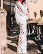 2 Piece Set Women Plus Size Hollow Out Sexy Young Daily Soft Full Sleeve Fashion Pants Wide Leg Wholesale Dropshipping