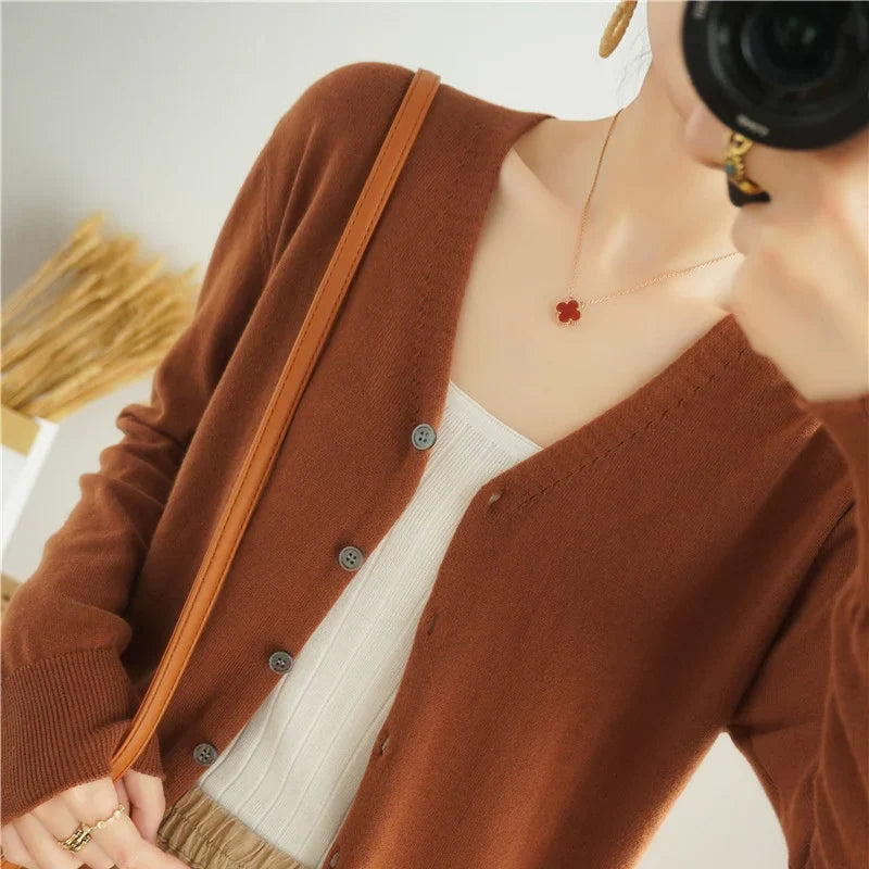 100% Cotton Line Long Sleeve V-Neck Knitted Cardigan Women Loose Short Solid Color Simple Sun Protection SMY K61