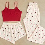 3pcs Women's Pajamas Heart-shaped Printed Vest Shorts And Pants Paired With Ribbed Fabric For Home Casual Women's Sleepwear Set