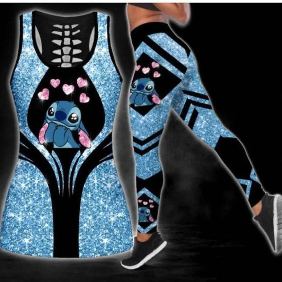 2024 Disney Stitch Women's Hollow Tanktop Yoga Set Summer Fitness Leggings Tracksuit Disney Cutout Tank Top Leggings Set