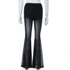 American Fashion Gothic Style Mesh Black Silk Sexy Trousers Suit Women's Summer Street Hip-hop Y2K Black Flared Pants