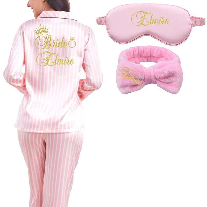 2 Piece Personalized Name Women Sleepwear Faux Silk Satin Pajamas Set Long Sleeve Sleepwear Pajamas Suit Female Homewear