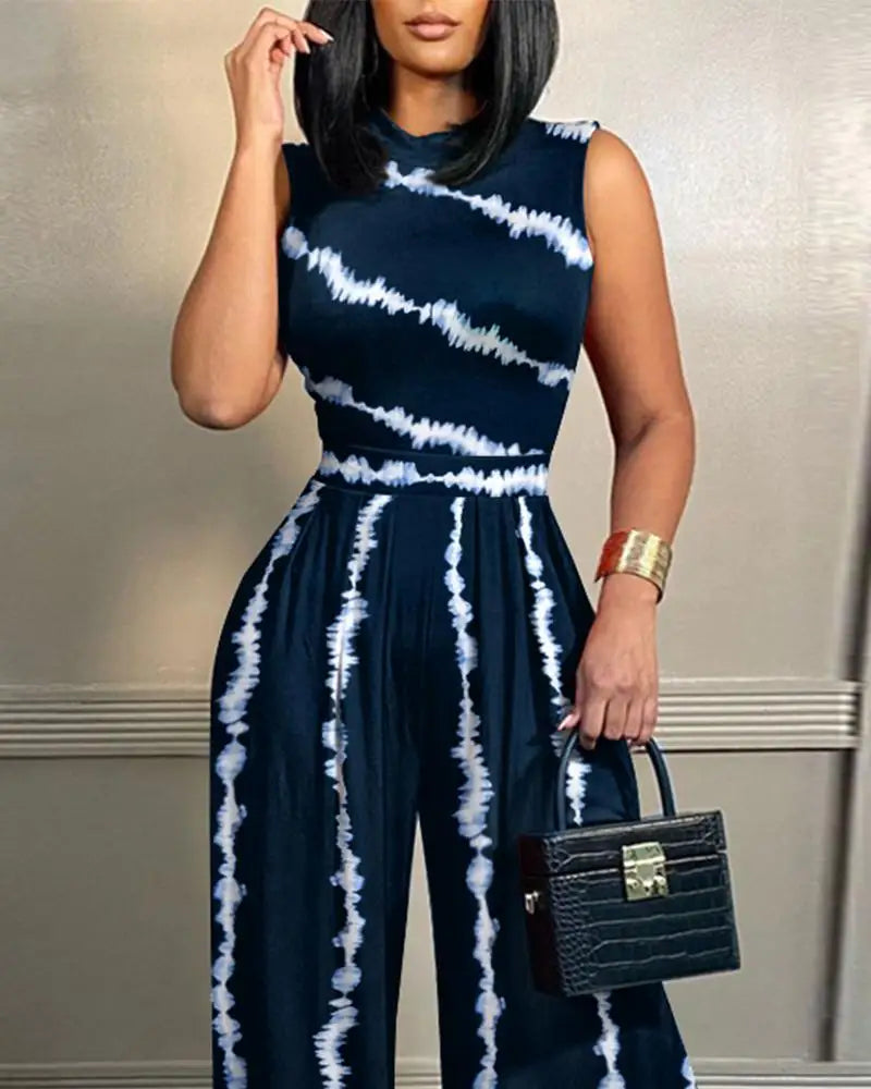 Elegant Women Wide Leg Long Juumpsuit 2024 Spring Summer Fashion Printed Sleeveless Casual Holiday Bodysuits Jumpsuits Trousers