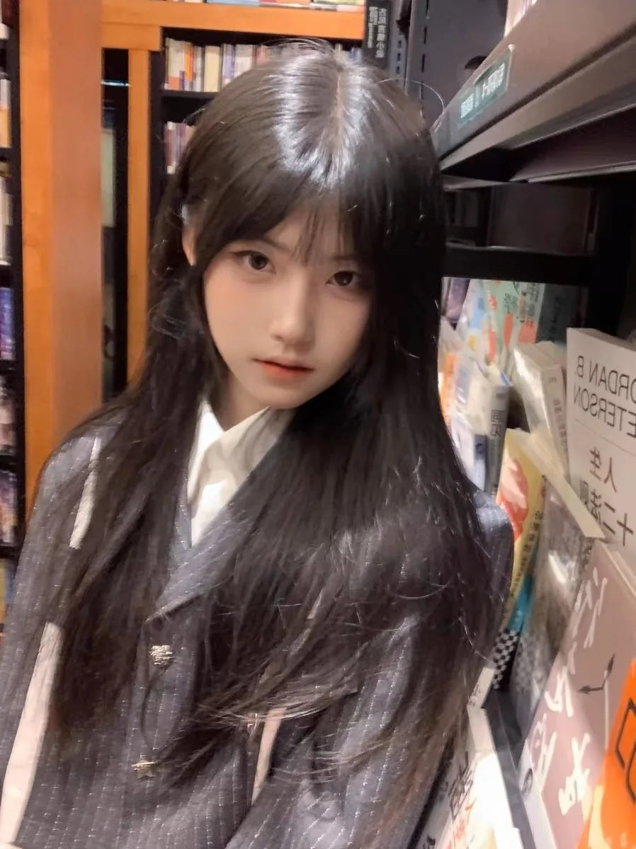 Black Synthetic Wig Fluffy Natural Fringe Waist-Length Straight Hair Women Cosplay Daily Use Of Heat-Resistant Full Head Cover