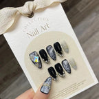 Handmade Press on Nails Black Cool European Fake Nails with Crystal Design Women Wearable Detachable Glitter Almond False Nails