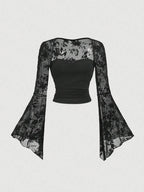 Design Sensation Lace Splicing Long Sleeve Mesh T-Shirt Sexy Elegant Style Full Sleeve Square Collar Polyester Fiber Top