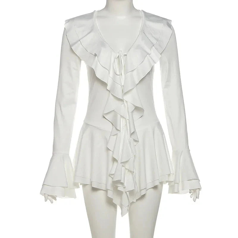 2025 New Autumn Irregular Hem Dress Women Y2K Flare Sleeve V-Neck Bandage Stretch Elegant Birthday Party Chic Hipster Bodycon