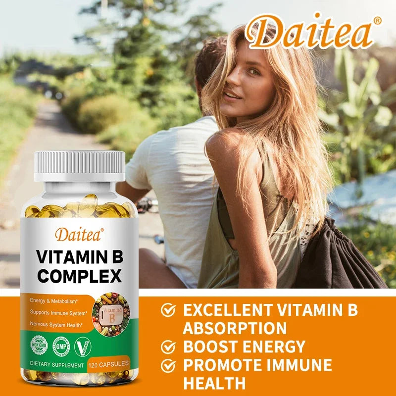 DAITEA - Vitamin B Complex Capsules - B12, B1, B2, B3, B5, B6, B7, B9, Folic Acid and Biotin - Reduce Stress, Boost Immunity