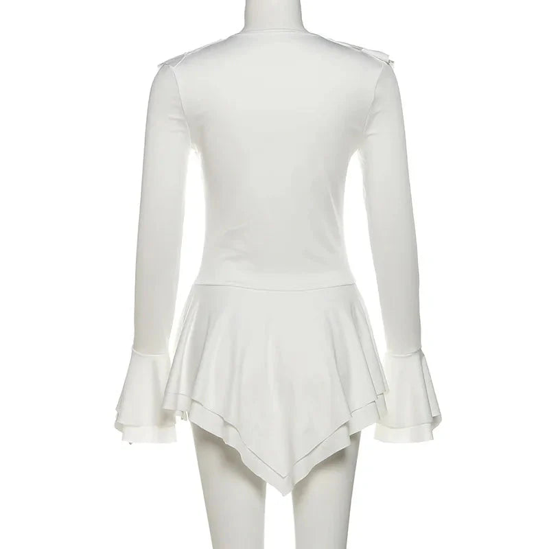 2025 New Autumn Irregular Hem Dress Women Y2K Flare Sleeve V-Neck Bandage Stretch Elegant Birthday Party Chic Hipster Bodycon