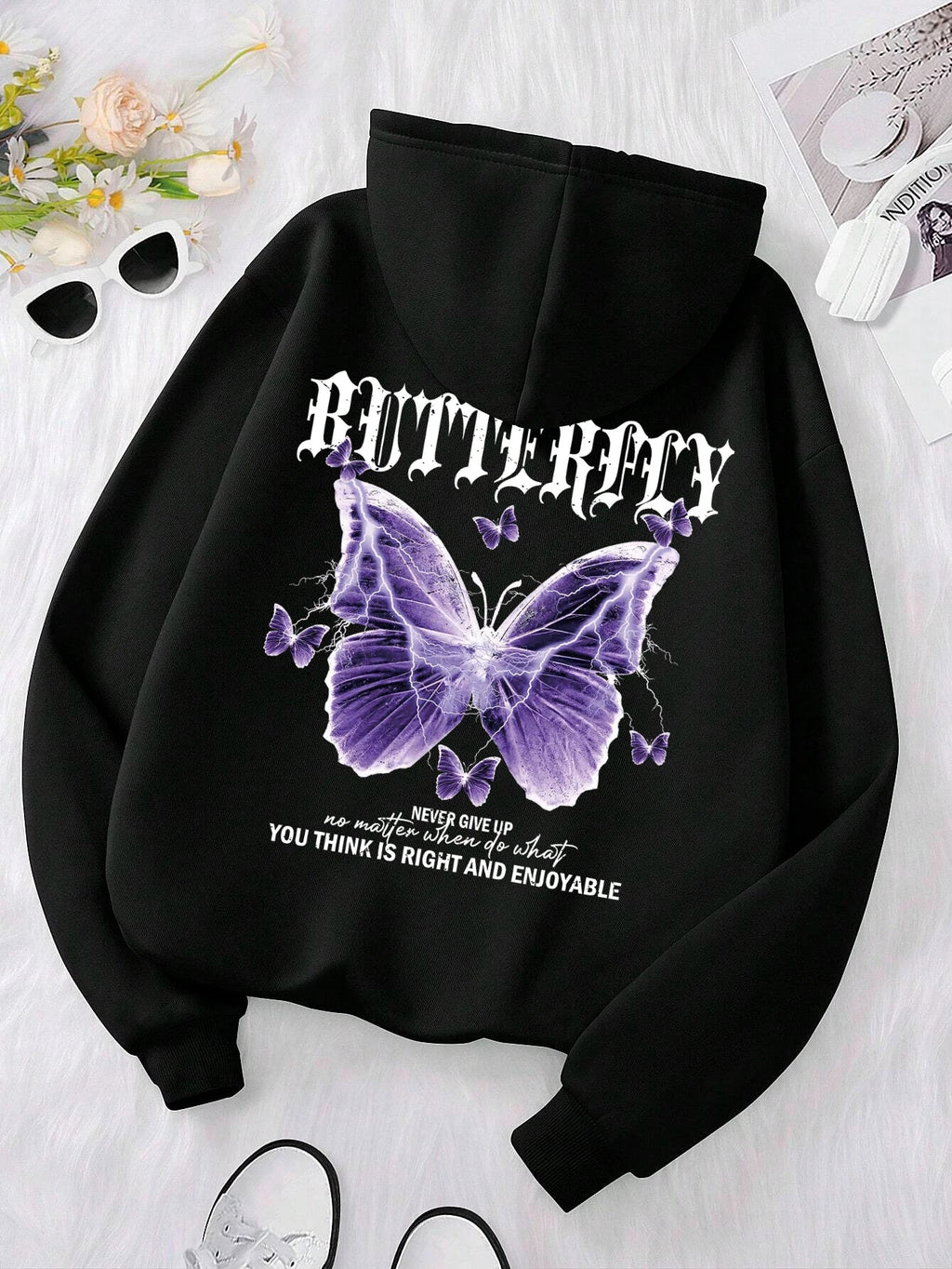 Beautiful Purple Butterfly Printing Hoodies Women Fleece Pocket Hoody Simple Casual Hoodie Autumn Loose Female Streetwear