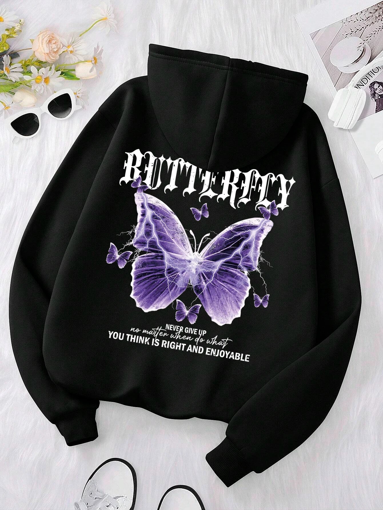 Beautiful Purple Butterfly Printing Hoodies Women Fleece Pocket Hoody Simple Casual Hoodie Autumn Loose Female Streetwear