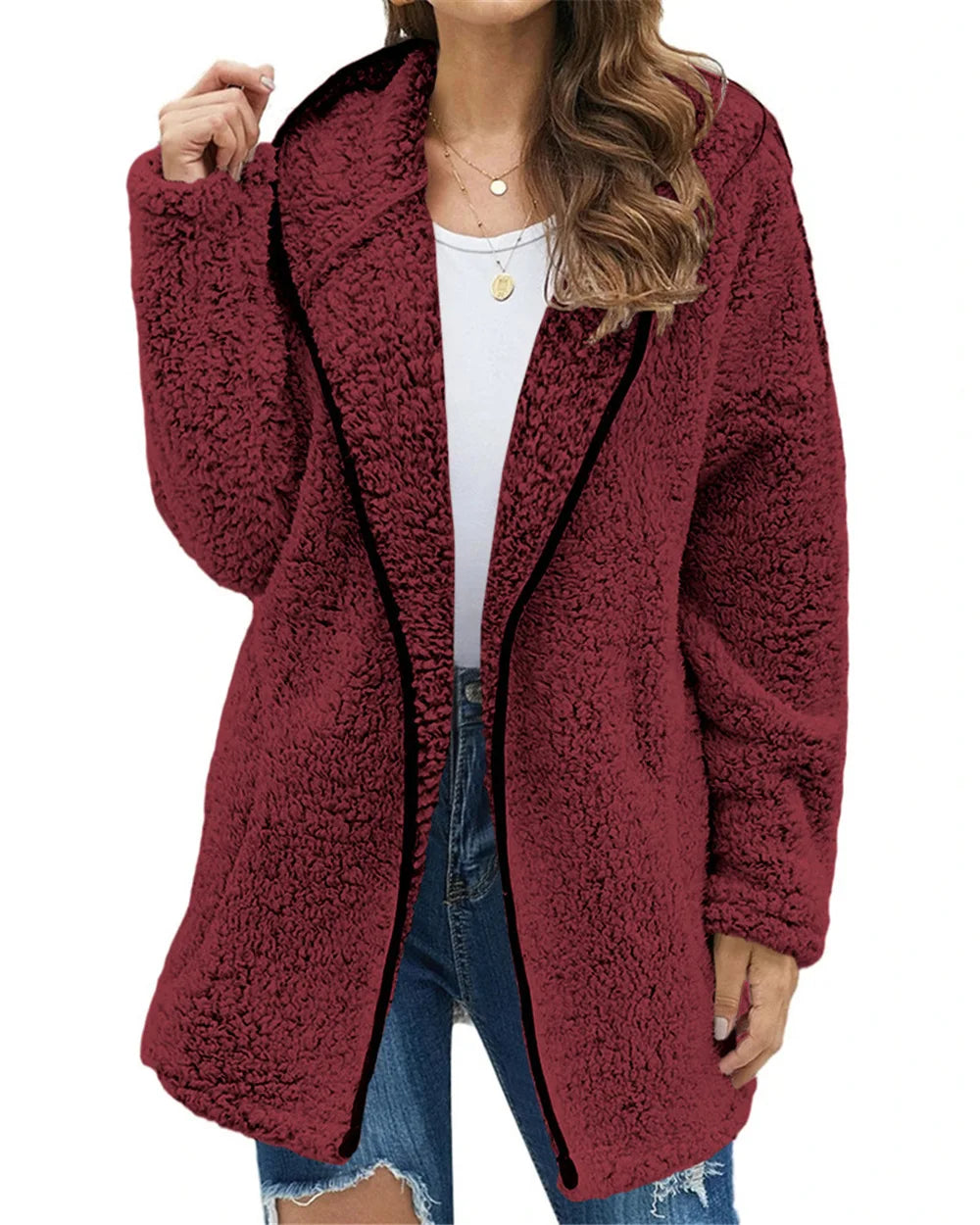 Autumn Winter Women Long Teddy Jacket Warm Thick Fleece Coat Turn Down Collar Plush Coat Woman Casual Long Sleeve Winter Clothes