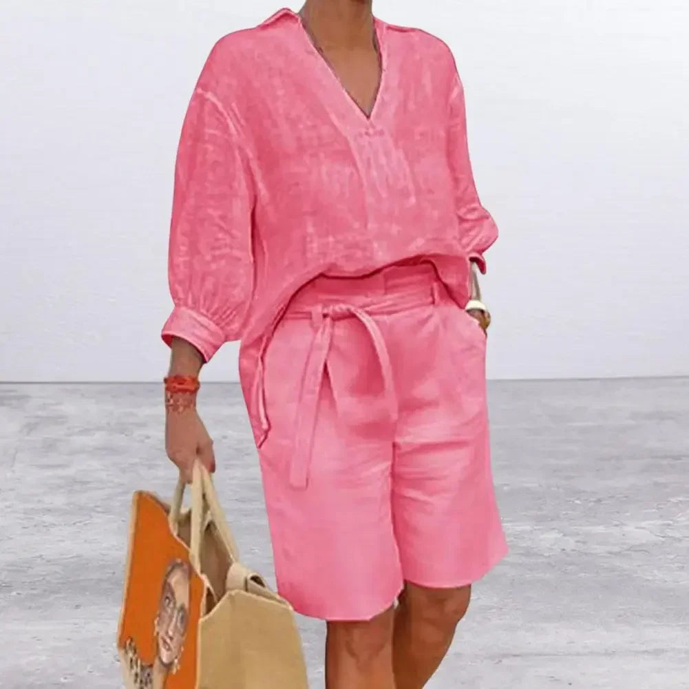 2024 Summer Fashion New Matching Collection Loose and Elegant V-neck Short Sleeve Cotton Linen Top Wide Leg Shorts Two Piece Set