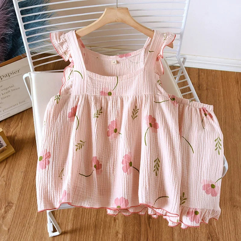 2025 Japanese summer new women's pajamas suit short-sleeved shorts two-piece 100% cotton crepe simple checked thin home clothes