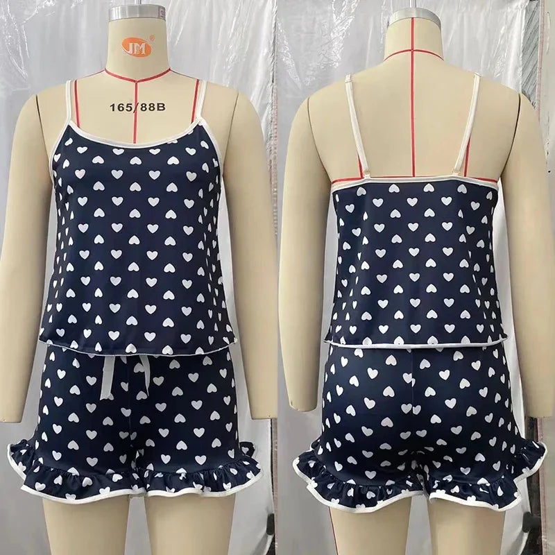 2025 Summer Pajama 2Pcs Set Large Size Vest Ruffle Shorts Women's Suspenders Soft Casual Cute Printed Women pajamas set Sexy Bow