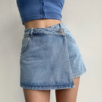 Elegant Slimming High-waisted A- line Denim Shorts Women's Summer New 2023 Light Color Two-piece Illusion Design Slim Fit