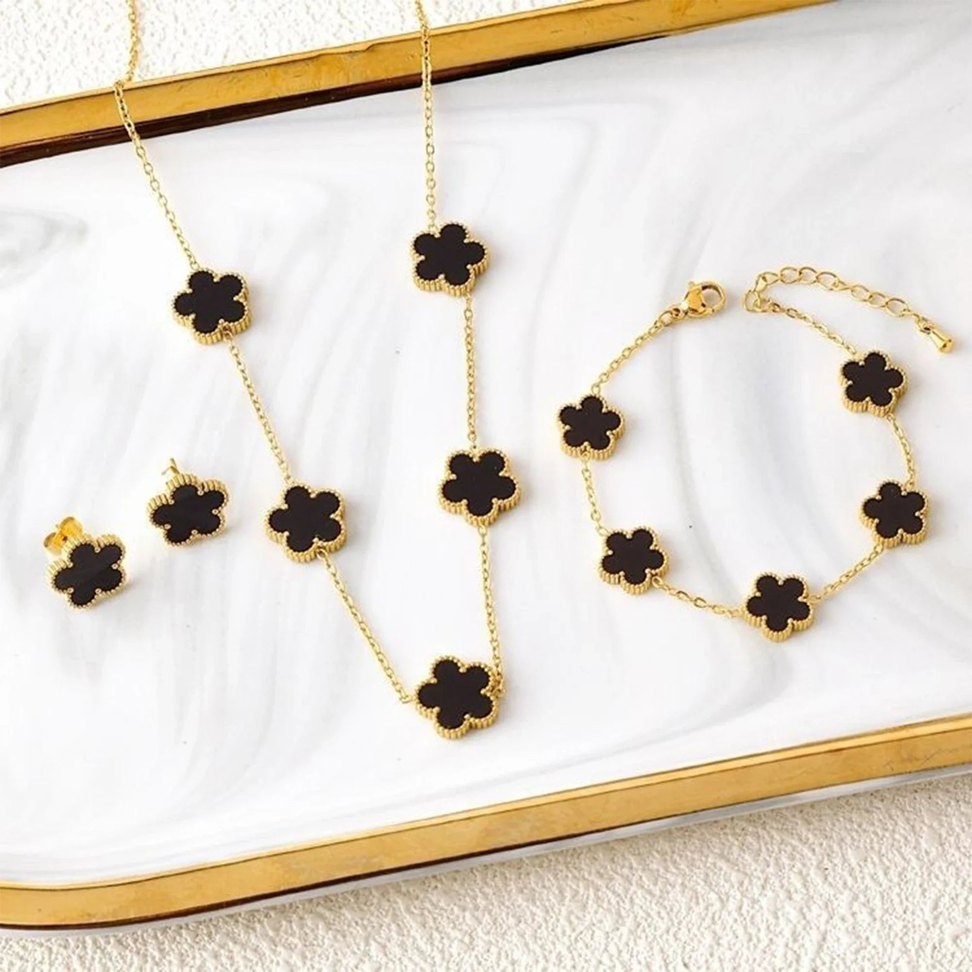 3Pcs Stainless Steel Hot Selling Gold Plated Clover Necklace Earrings Bracelet Jewelry Set Five Leaf Flower Jewelry For Women