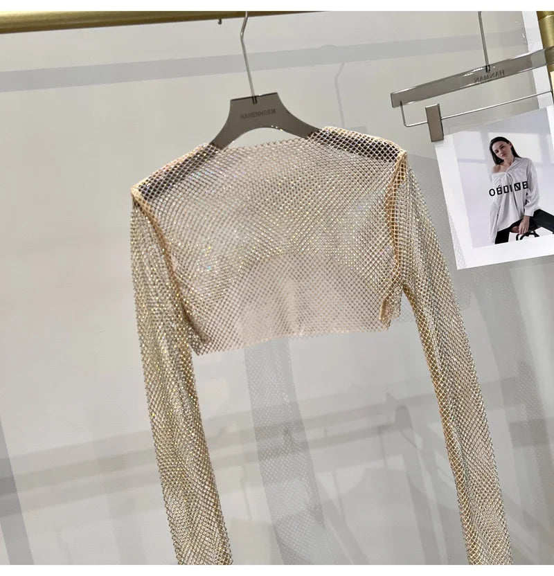 2023 new sexy bright diamond short top Slim thin Ms. hot drill long-sleeved T-shirt sexy leak waist nightclub