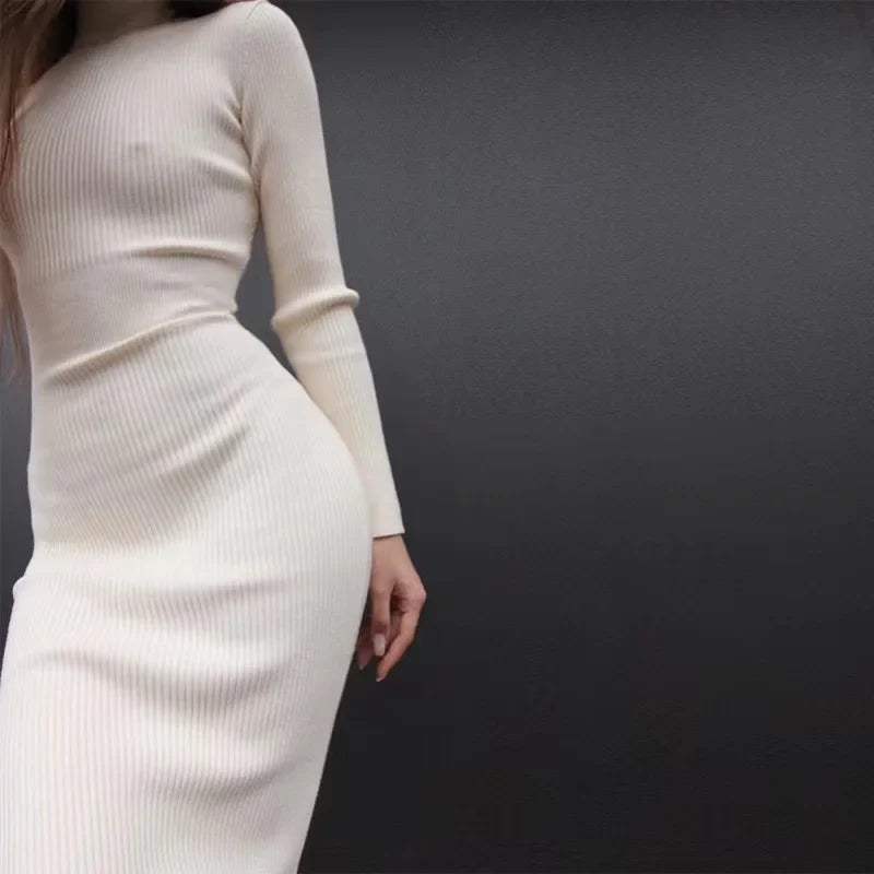 2024 New Autumn Knitted Turtleneck Dress Women Long Sleeve Bodycon Midi Dresses Female Elegant Fashion Solid Color Skinny Dress