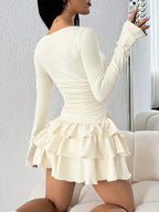 2025 Autumn Solid Slim Fit Cascading Ruffles Mini Dress Winter Women Elegant Flare Sleeve High Waist Sexy Party Bodycon Dresses