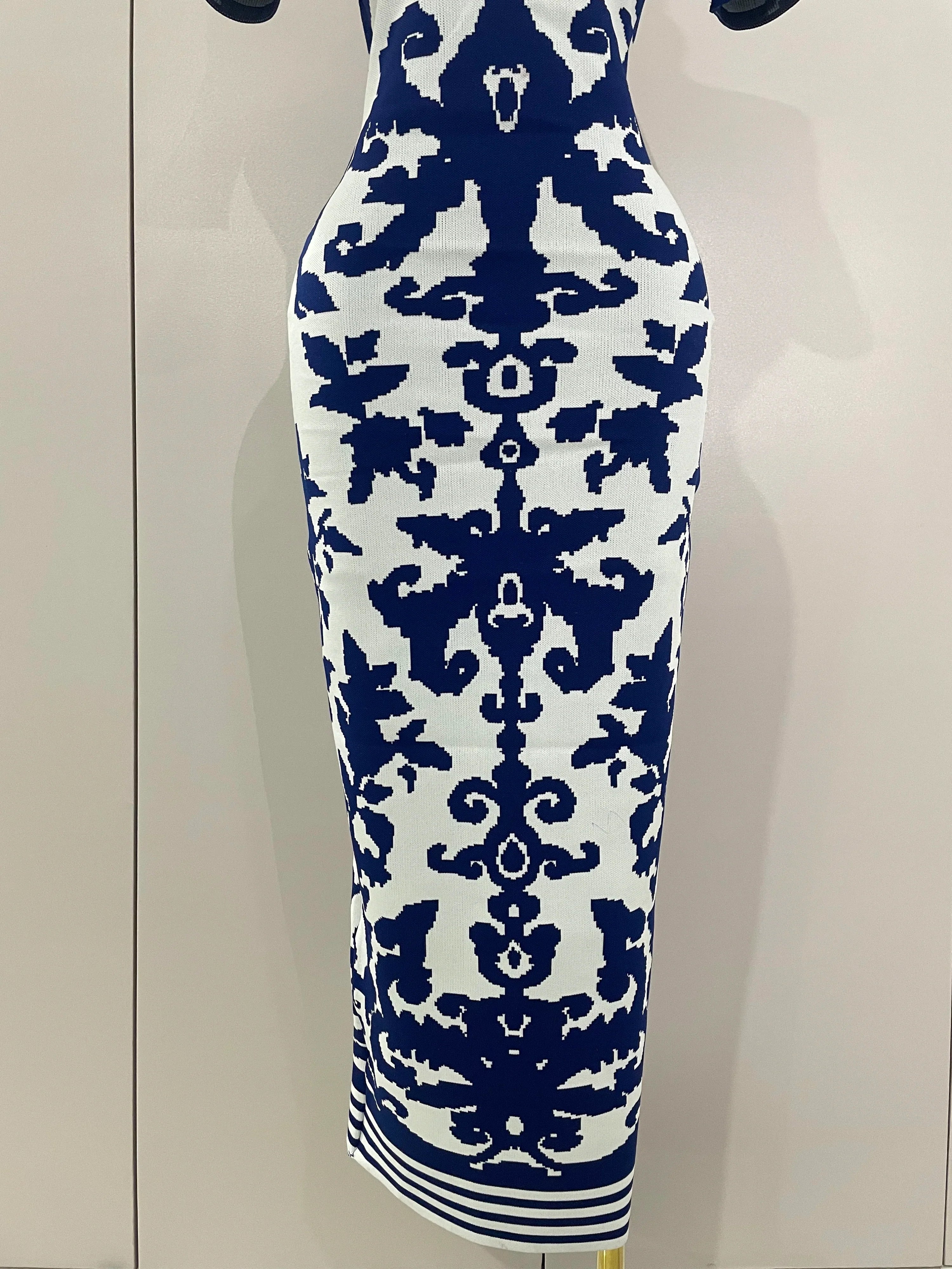 2025 New Sexy Short Sleeve Jacquard Blue Bandage Bodycon Long Dress Women Celebrity Elegant Evening Club Party Luxury Dresses