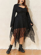 Halloween Plus Size Women's Gothic Lace Flare Sleeve A-Line Midi Dress Ladies Asymmetrical Hem Punk Party Costplay Dress 1XL-6XL