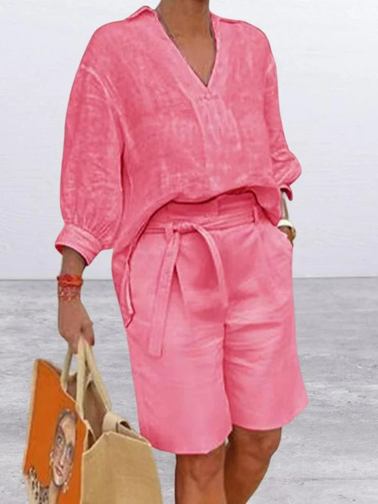2024 Summer Fashion New Matching Collection Loose and Elegant V-neck Short Sleeve Cotton Linen Top Wide Leg Shorts Two Piece Set