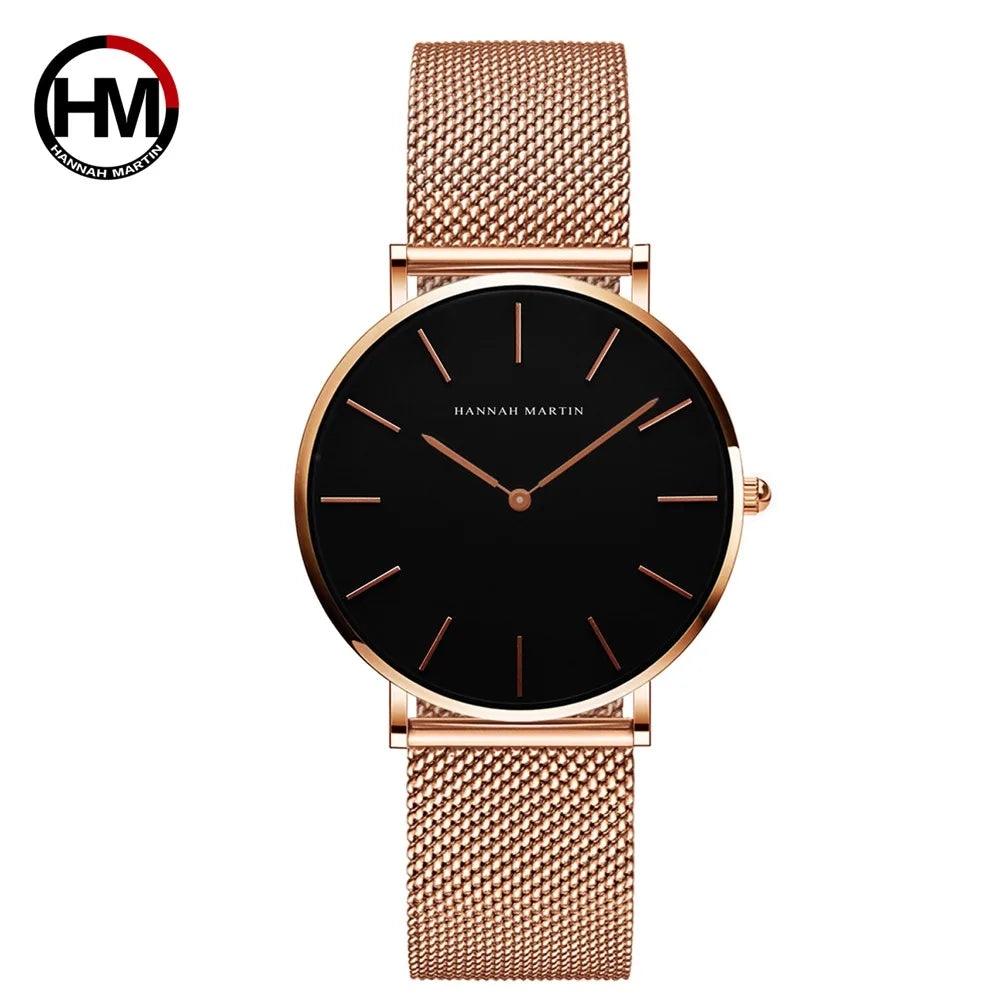 HANNAH MARTIN Brand Classic Women Quartz Watch 36mm Rose Gold Stainless Steel Mesh Strap Japanese Movement Girl Gift Wrist Watch