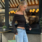Candyhot Solid Elegant Off Shoulder Ribbed Crop Tops Autumn Fashion Casual Skinny Long Sleeve Camis Gentle Y2K Tight T-shirts