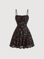 Cherry Printed Vintage Summer Dresses Y2kWomen Swing Robe Party Dress 2025 New Casual Vestidos Sexy Strapless A-Line Sundresses
