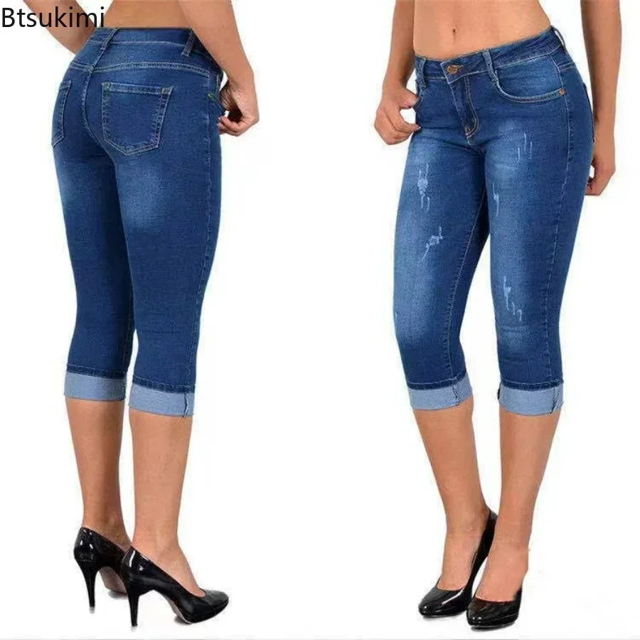 2025 Women's Summer Skinny Denim Pants Jeans Mid Waist Stretch Capri Pants Knee Length Trousers Black Blue Ladies Pencil Pants