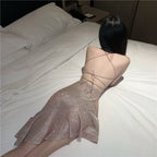 Biyaby Sexy Women Golden Mermaid Dresses Summer Spaghetti Strap Strapless Dress Woman Elastic Solid Color Bandage Vestidos Lady