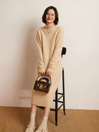 100% Cashmere Sweater Long Dress New Women High Turn-down Collar Pullover  Soft Cosy Autumn Winter Casual Solid Knitwear Dress