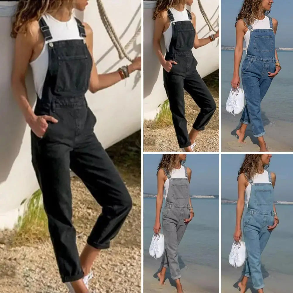 Denim Overalls with Pockets Distressed Denim Overalls Stylish Plus Size Denim Jumpsuit with Adjustable Straps Side Pockets