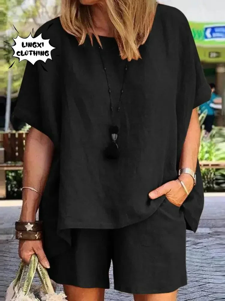 2024 Summer Fashion Cotton and Hemp New Elegant Women's Casual Two Piece Set Short Sleeved Top Waist Wide Leg Pants Set