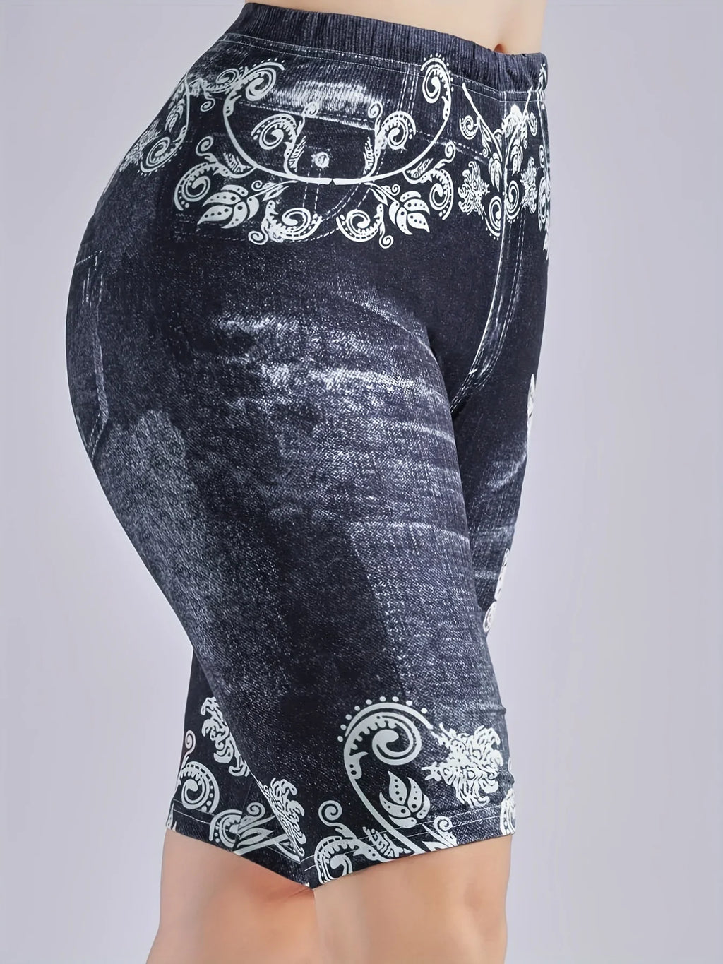 3 Piece Set Of Lmitation Denim Leggings For Women Butterfly Waist Fruit Flower Elastic Shorts High Waist Casual