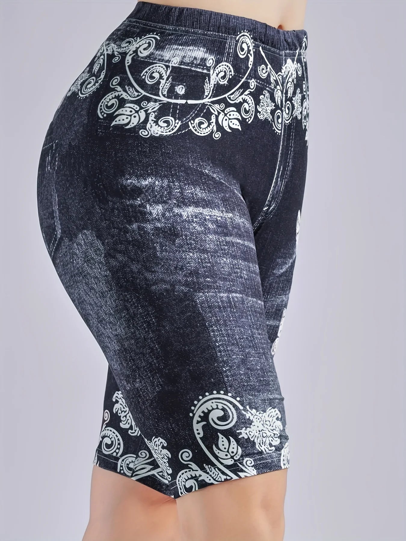 3 Piece Set Of Lmitation Denim Leggings For Women Butterfly Waist Fruit Flower Elastic Shorts High Waist Casual