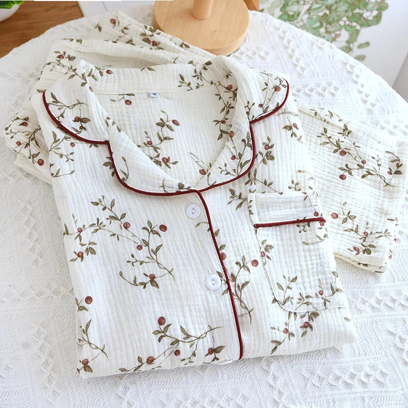 2025 Japanese Spring and Autumn New Women's Pajama Set 100% Cotton Crepe Long sleeved Pants Cardigan Cute Plus Size Home Fury