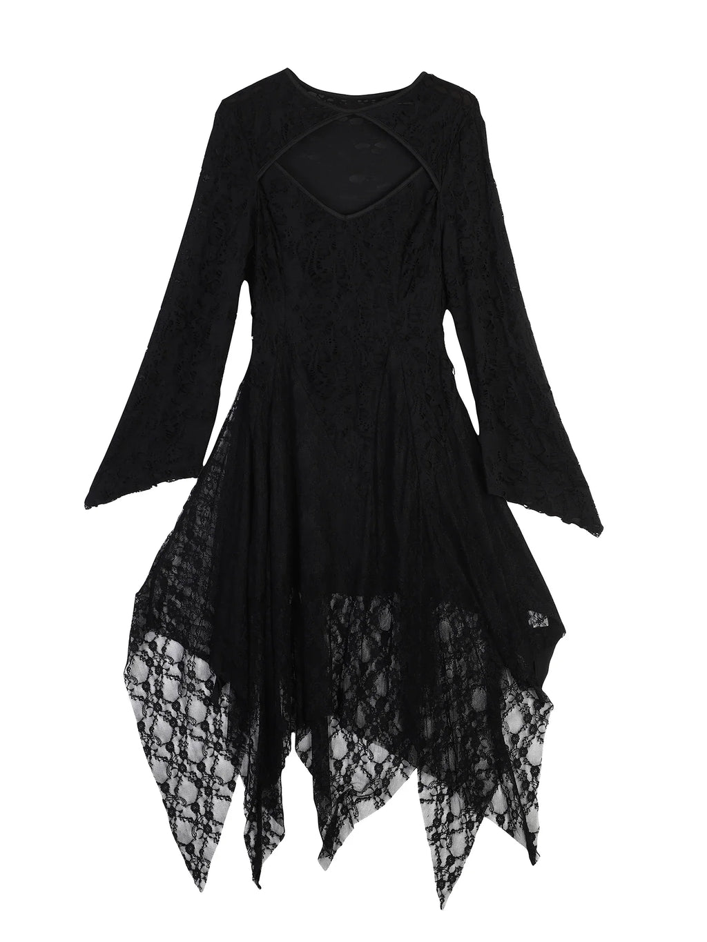 Halloween Plus Size Women's Gothic Lace Flare Sleeve A-Line Midi Dress Ladies Asymmetrical Hem Punk Party Costplay Dress 1XL-6XL