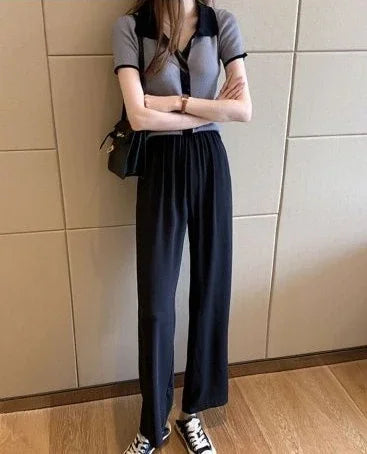 Elegant V-Knit Polo Neck Tee - Grey Short Sleeve Women's Top, Trendy & Unique Style