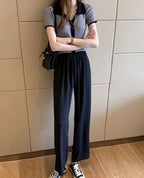 Elegant V-Knit Polo Neck Tee - Grey Short Sleeve Women's Top, Trendy & Unique Style