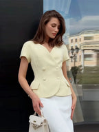 Elegant Short Sleeve Women's Top 2025 Summer Fashion V-neck Button Slim Office Lady Commuting Tops Street Solid Female Shirt
