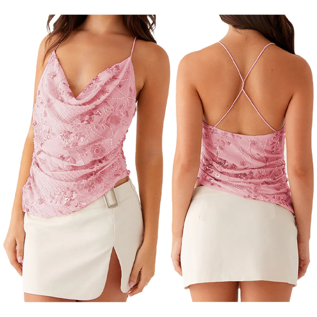 Combhasaki Women Summer Sleeveless Beading Camis Top V-neck Tie-up Cross Backless Pearl Glitter Sequin Flower Embroideried Vest