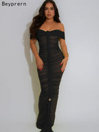 Beyprern Luxe Goddess Ruched Mesh Maxi Dress Elegant Women's Off Shoulder Pleated Bandage Beach Vacation Dress Holiday Outfits