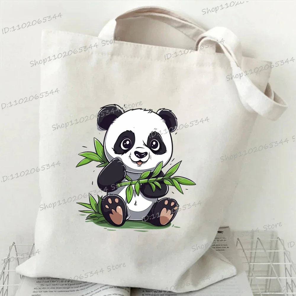 Canvas Bag for Women Cartoon Panda Printed Shopper Handbags Storage Reusable Canvas Shoulder Bag China Panda Female Tote Bag