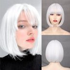 HAIRJOY Women Short  Straight  White Bob Wig with Bangs  Synthetic Hair for Daily Party Cosplay Halloween