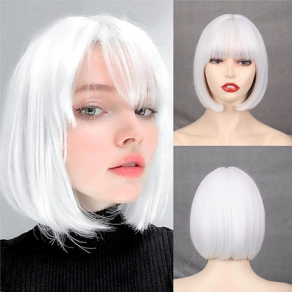HAIRJOY Women Short  Straight  White Bob Wig with Bangs  Synthetic Hair for Daily Party Cosplay Halloween