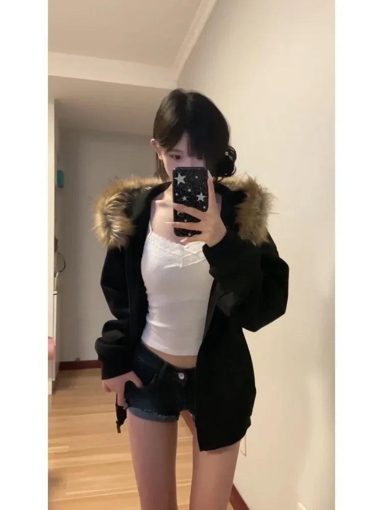 Deeptown Women Black Zip Up Hoodies Vintage Korean Preppy Style Faux Fur Coat Oversized Casual Sweatshirt Harajuku Autumn Winter