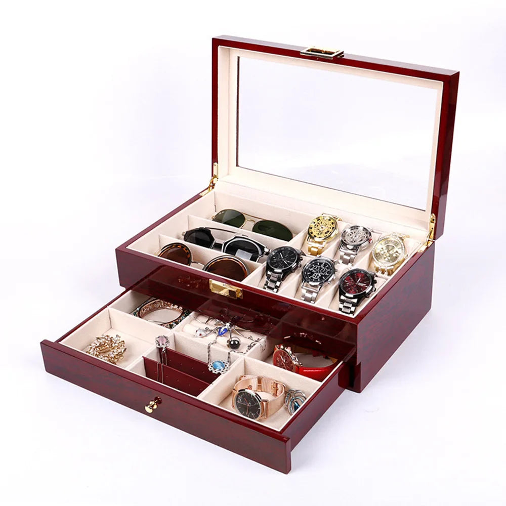 Double Layer Watch Storage Box with Drawer - Glass Display Case for Sunglasses Rings Bracelets Earrings Necklaces Jewelry Organi